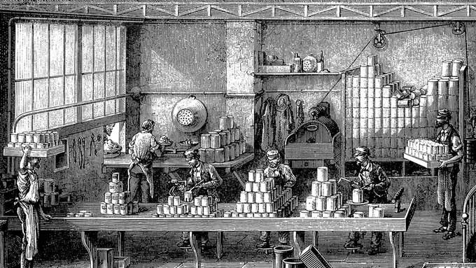 Đóng hộp thực phẩm Công nhân hàn lon thực phẩm tại Pháp năm 1870